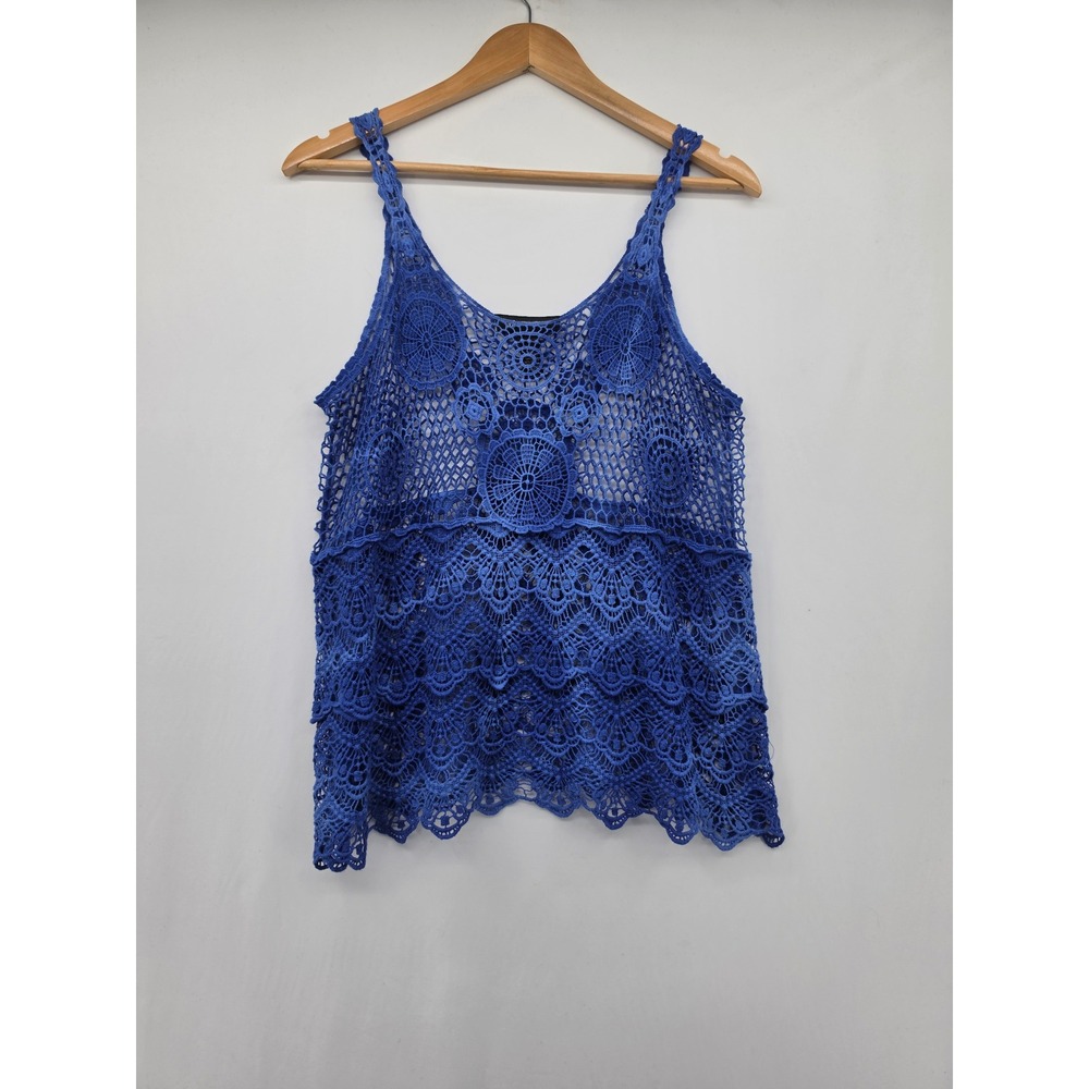 INC International Concepts Petite Blue Crochet Lace Tank Top Boho Festival Large